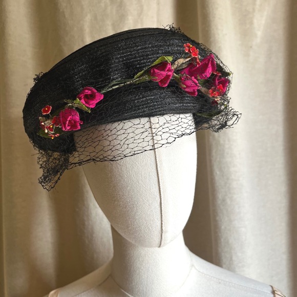 Vintage Black Floral Veil Cocktail Hat‎ Fascinator S/M 1950s 60s main image 6